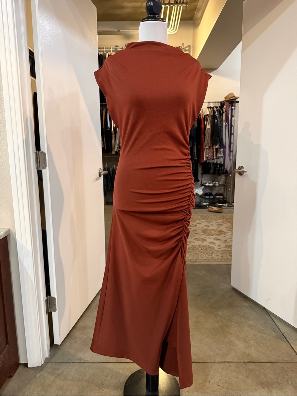 Anthropologie Rust Ruched-Side Maxi Dress